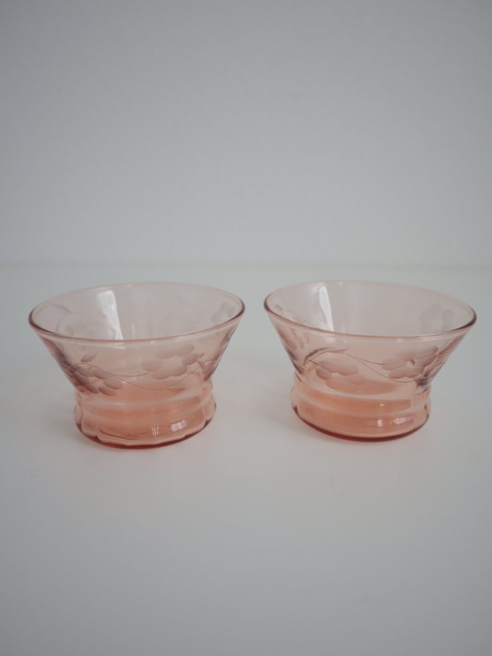 Pink Depression Glass Dessert Dishes with Etched Flowers | Set of 2